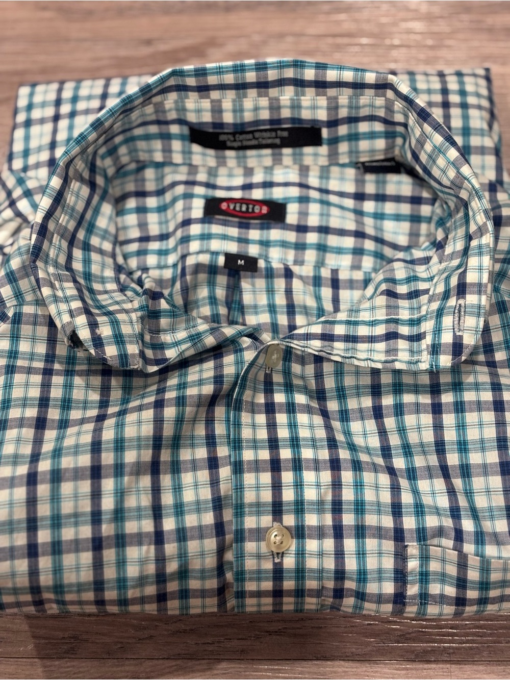 Overton Men's M Blue/White Plaid Dress Shirt 100% Cotton Wrinkle Free
